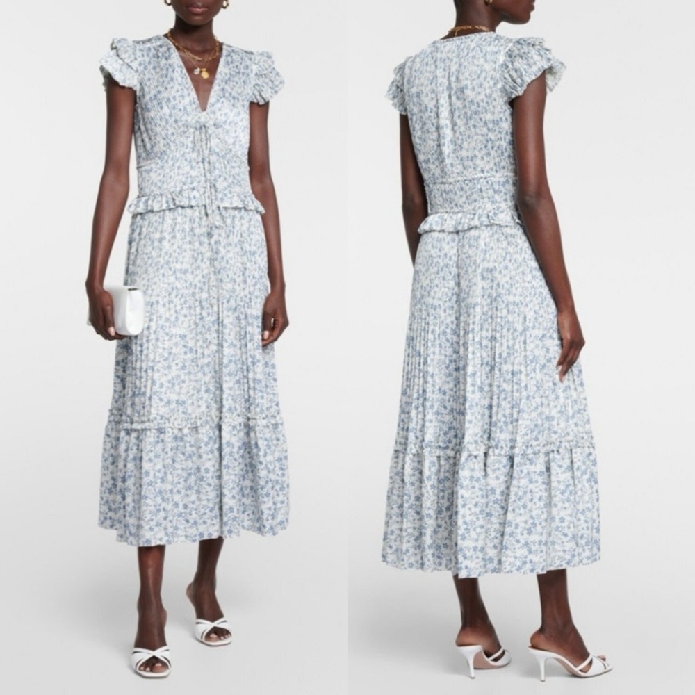 Polo Ralph Lauren Olea Floral Plisse Satin Blue White Floral Pleated Midi Dress